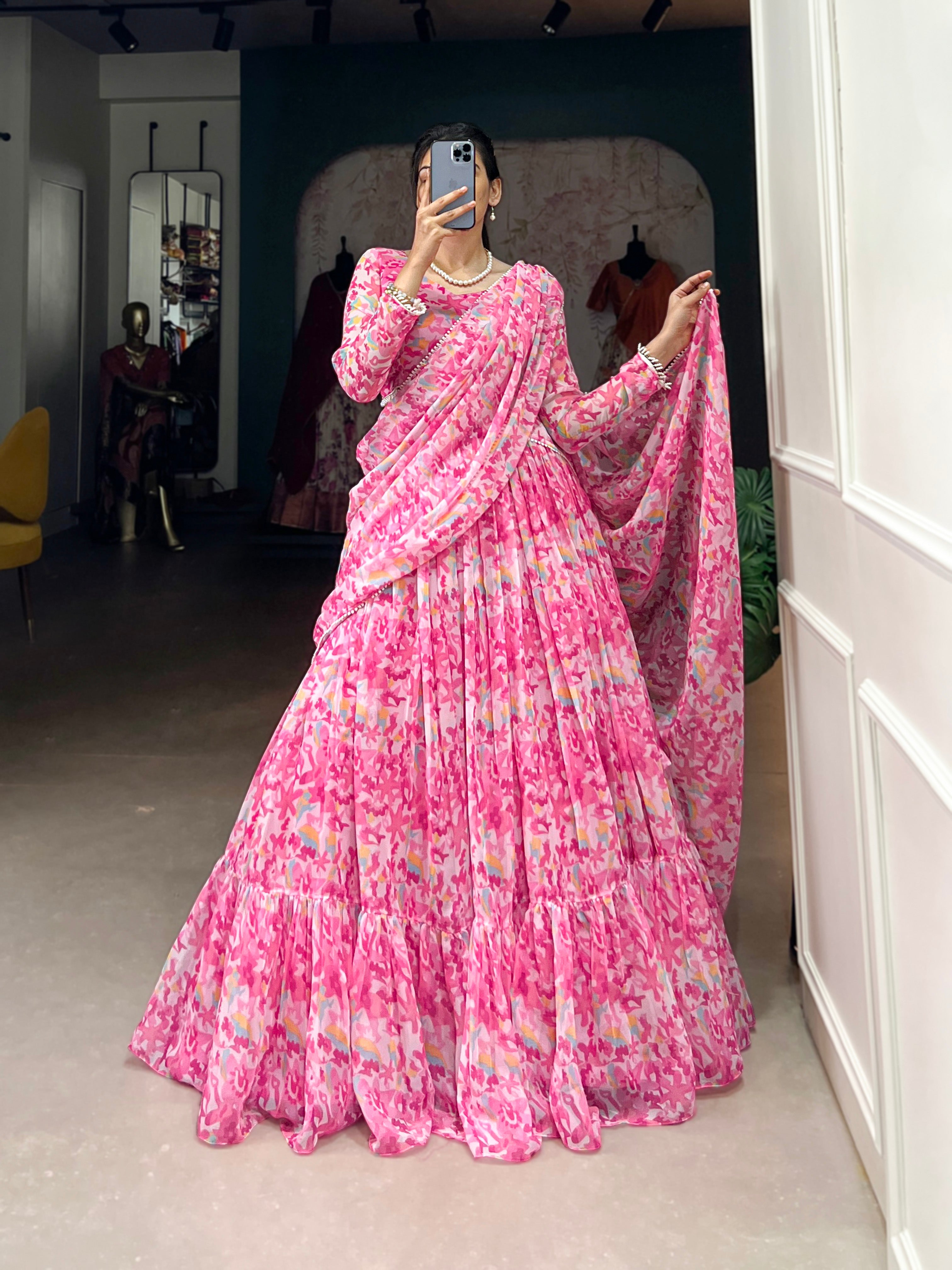 Lorenvalley Pink Georgette Printed Lehenga Choli