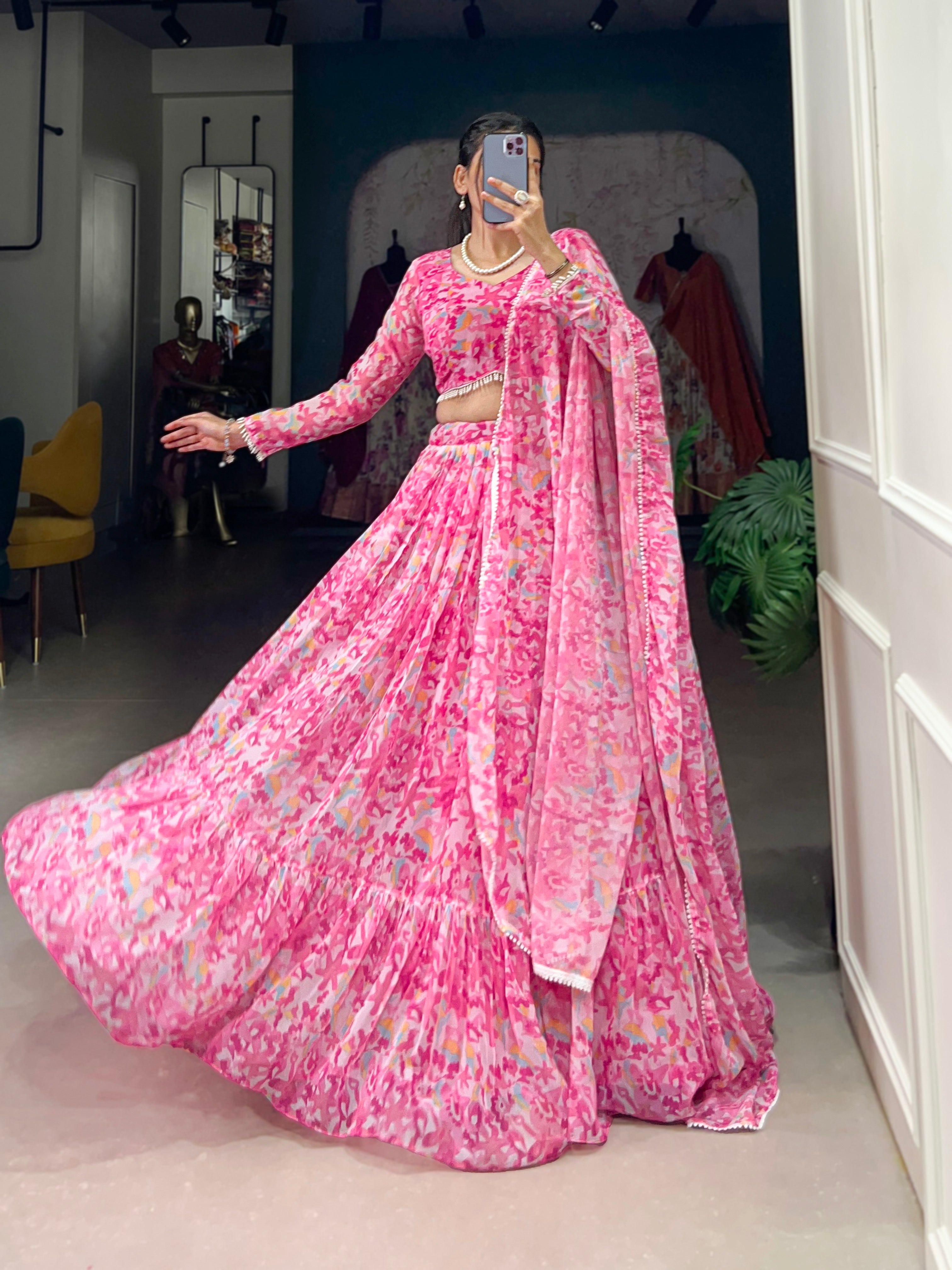Lorenvalley Pink Georgette Printed Lehenga Choli