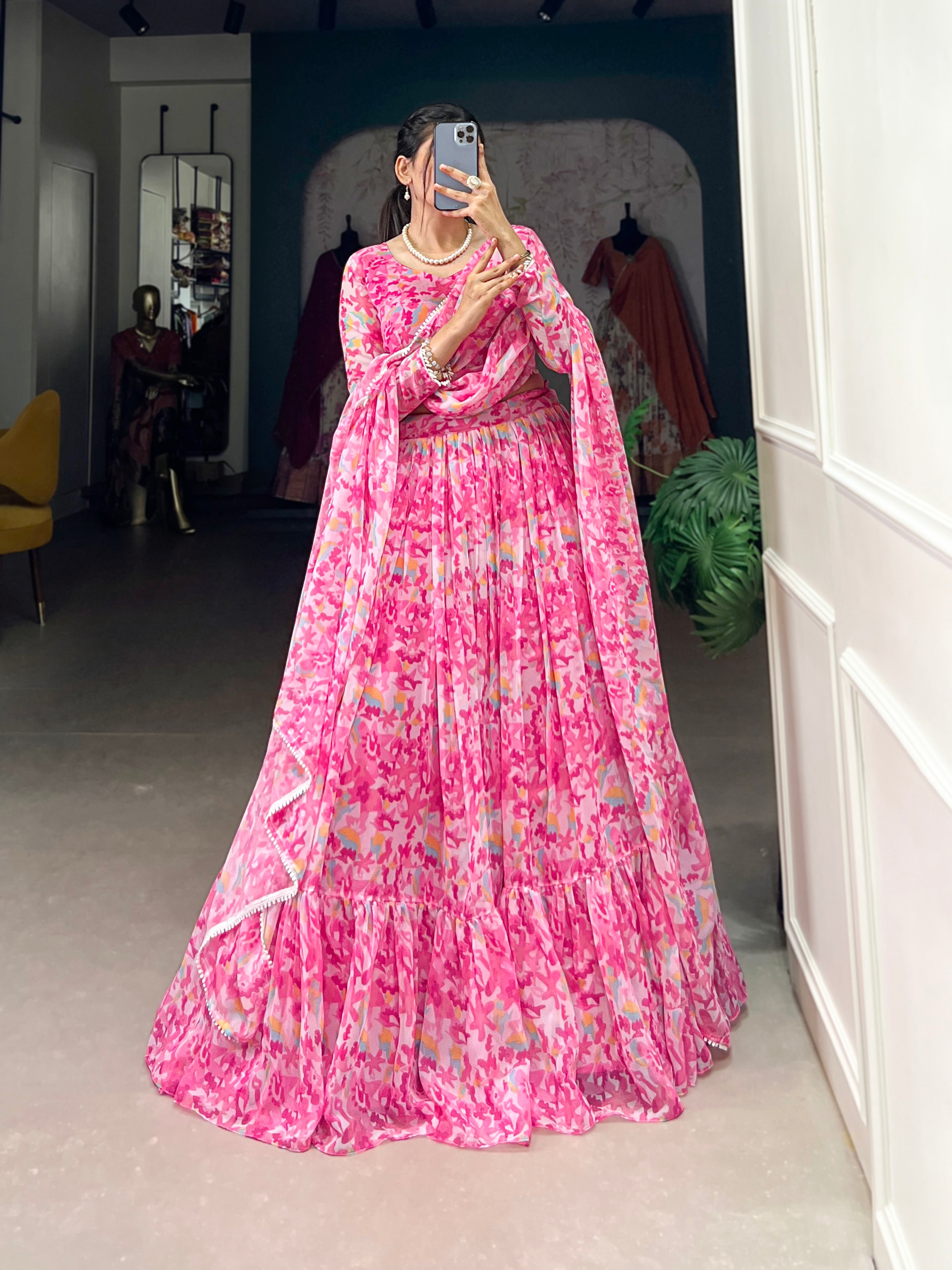 Lorenvalley Pink Georgette Printed Lehenga Choli