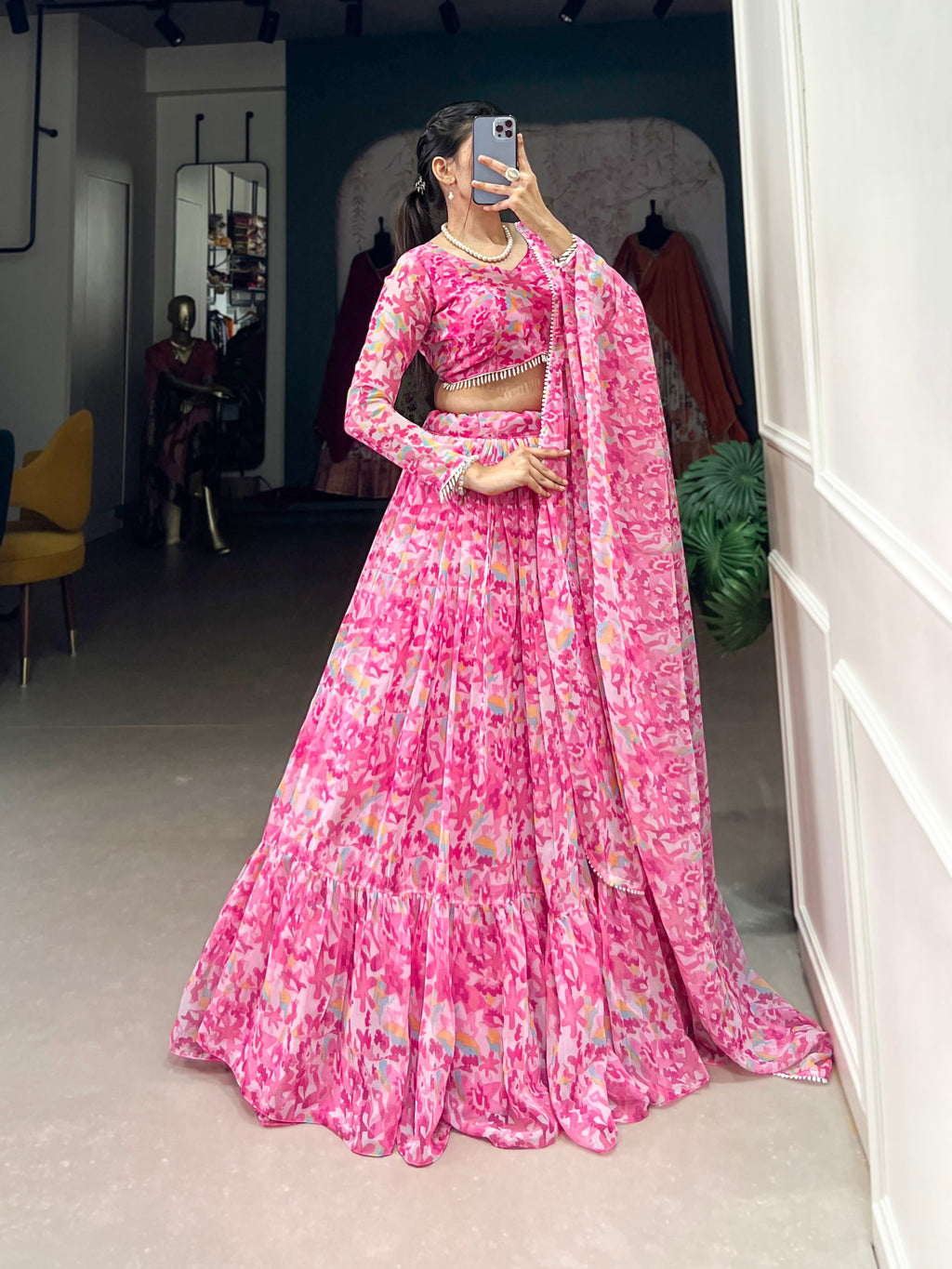 Lorenvalley Pink Georgette Printed Lehenga Choli