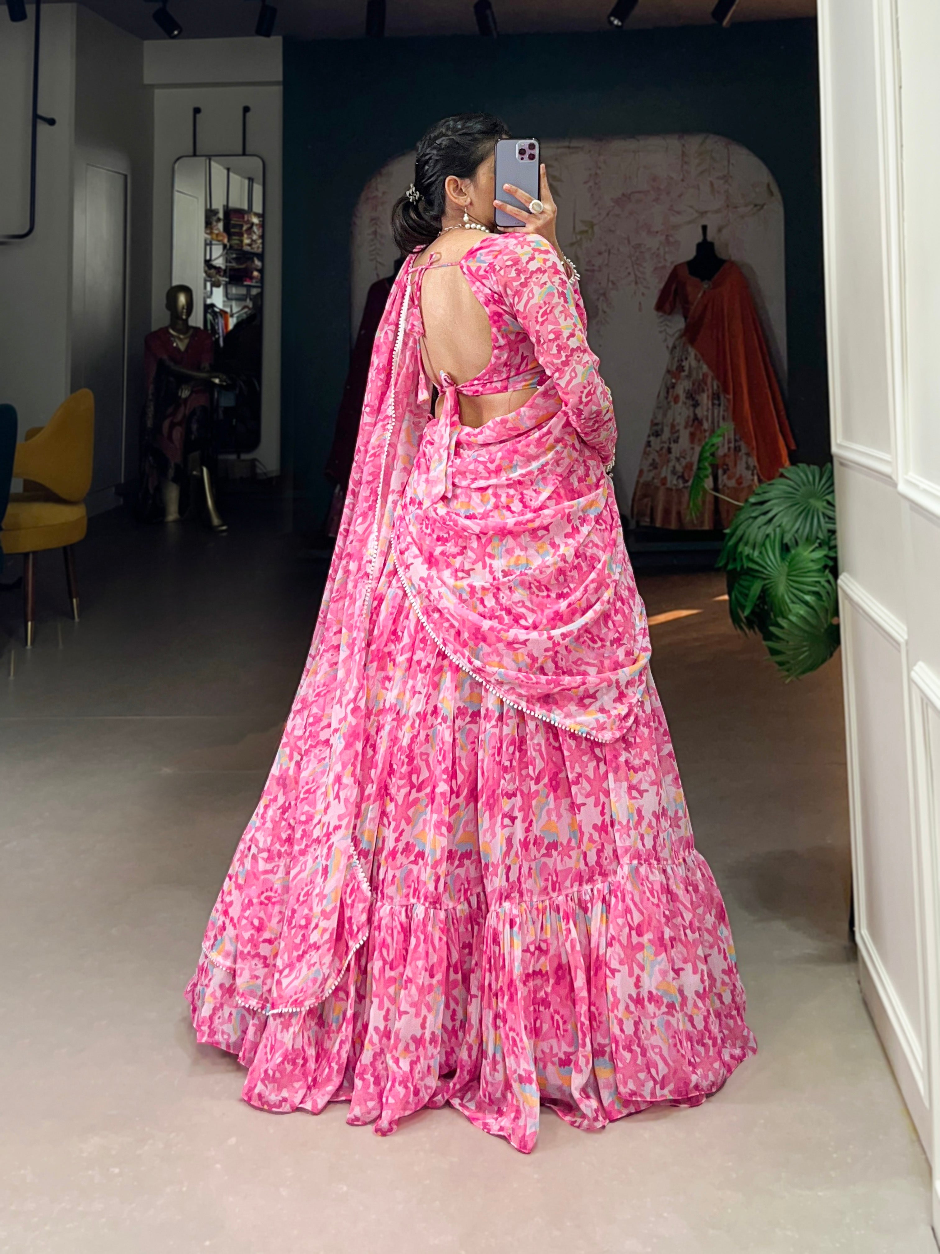 Lorenvalley Pink Georgette Printed Lehenga Choli