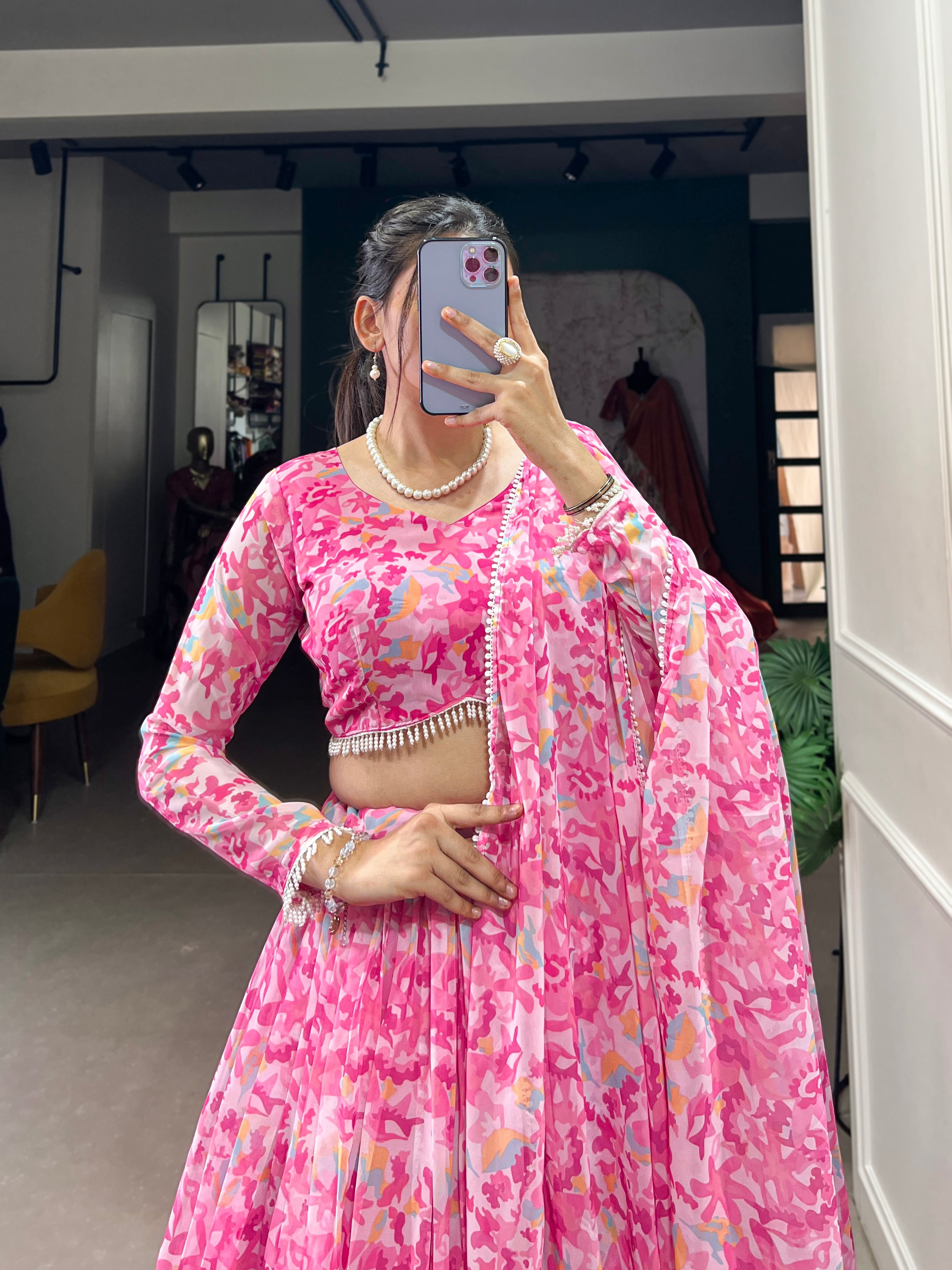 Lorenvalley Pink Georgette Printed Lehenga Choli