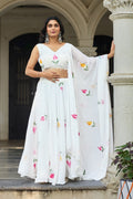 Lorenvalley Fashion White Georgette with Hand-painted Floral Design Lehenga Choli with Dupatta - Distacart