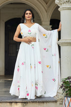 Lorenvalley Fashion White Georgette with Hand-painted Floral Design Lehenga Choli with Dupatta - Distacart