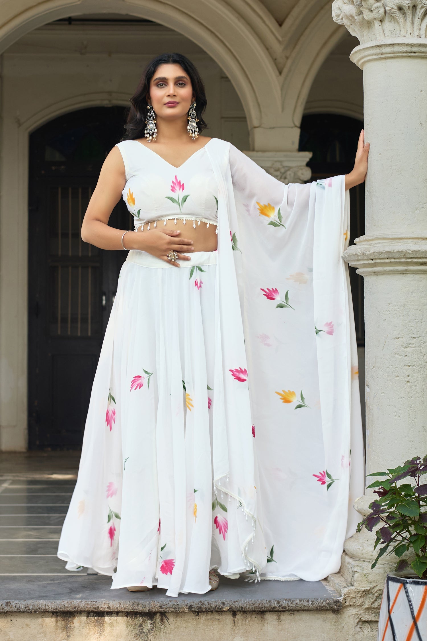 Lorenvalley Fashion White Georgette with Hand-painted Floral Design Lehenga Choli with Dupatta - Distacart