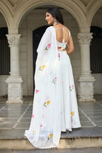 Lorenvalley Fashion White Georgette with Hand-painted Floral Design Lehenga Choli with Dupatta - Distacart