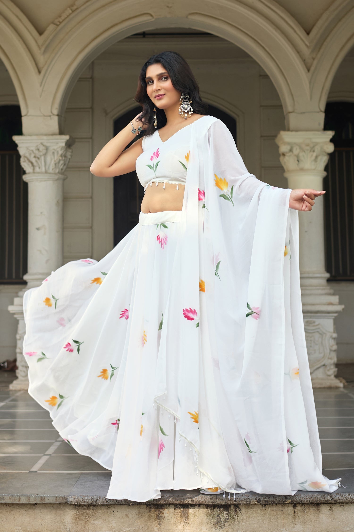Lorenvalley Fashion White Georgette with Hand-painted Floral Design Lehenga Choli with Dupatta - Distacart