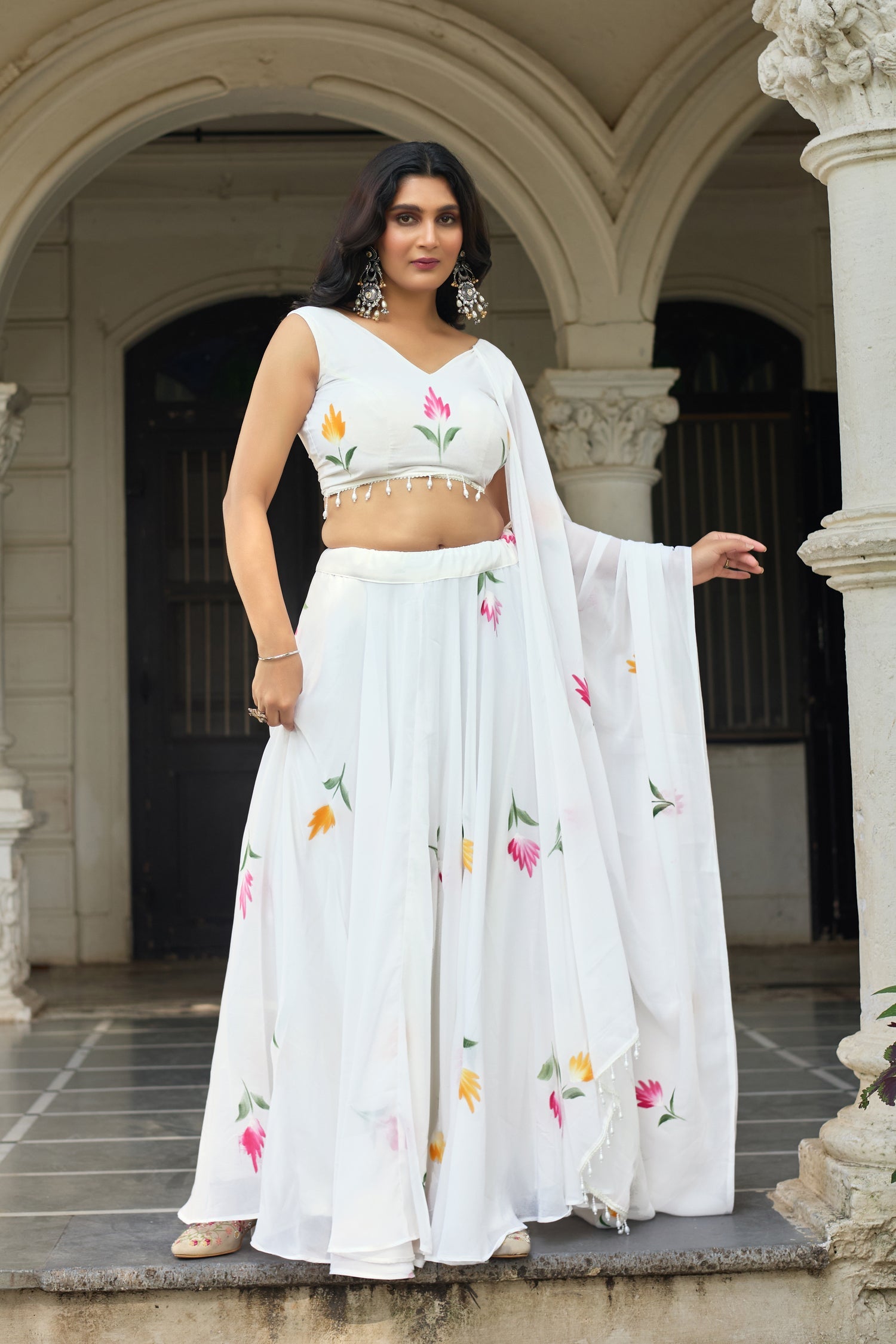 Lorenvalley Fashion White Georgette with Hand-painted Floral Design Lehenga Choli with Dupatta - Distacart