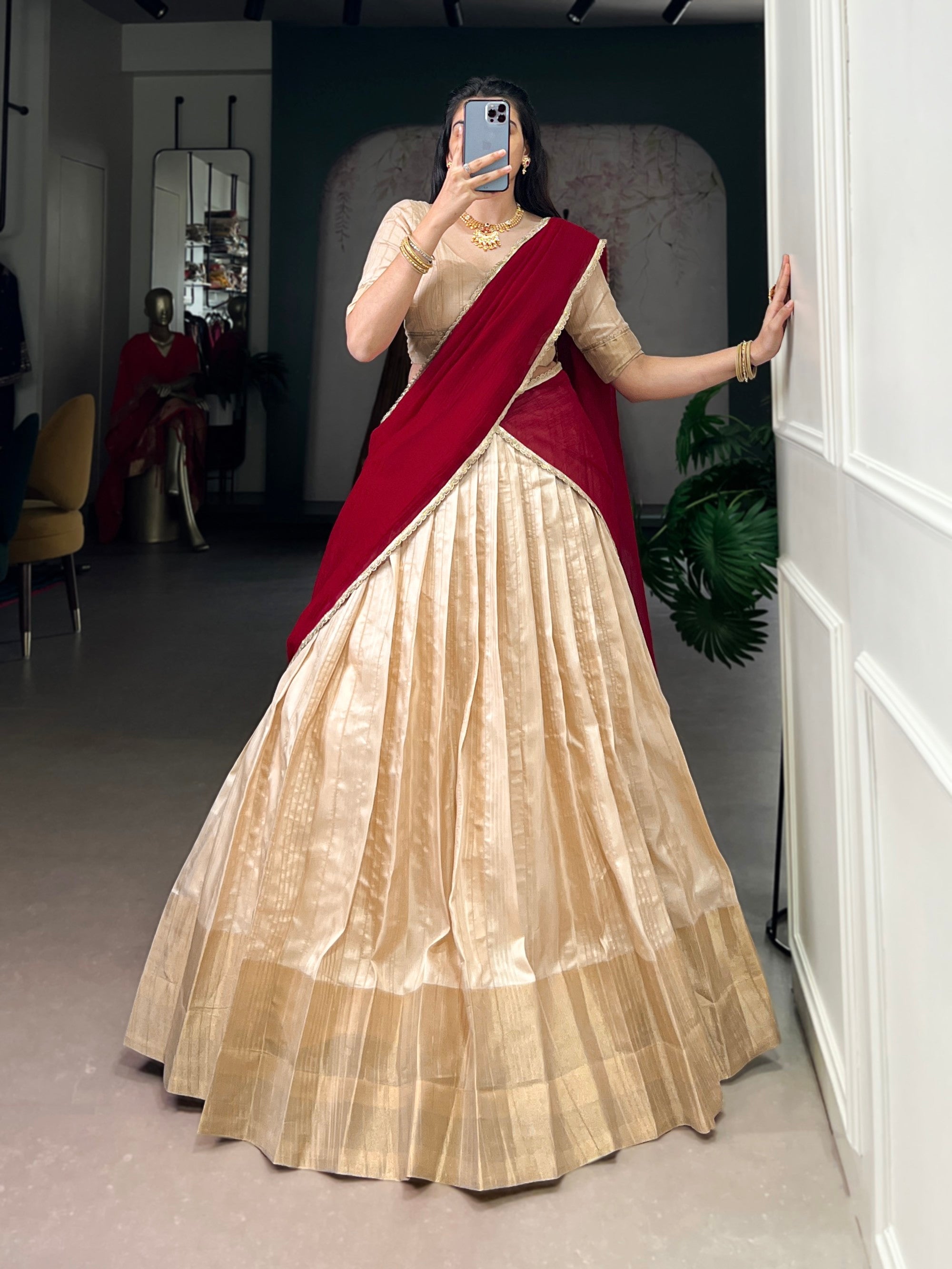 Lorenvalley Fashion Cream Handloom Zari Waving Work Lehenga Choli with Dupatta