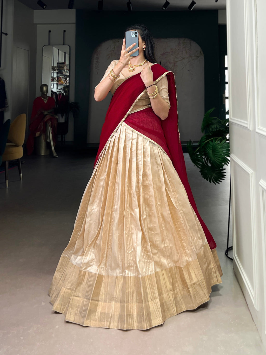 Lorenvalley Fashion Cream Handloom Zari Waving Work Lehenga Choli with Dupatta