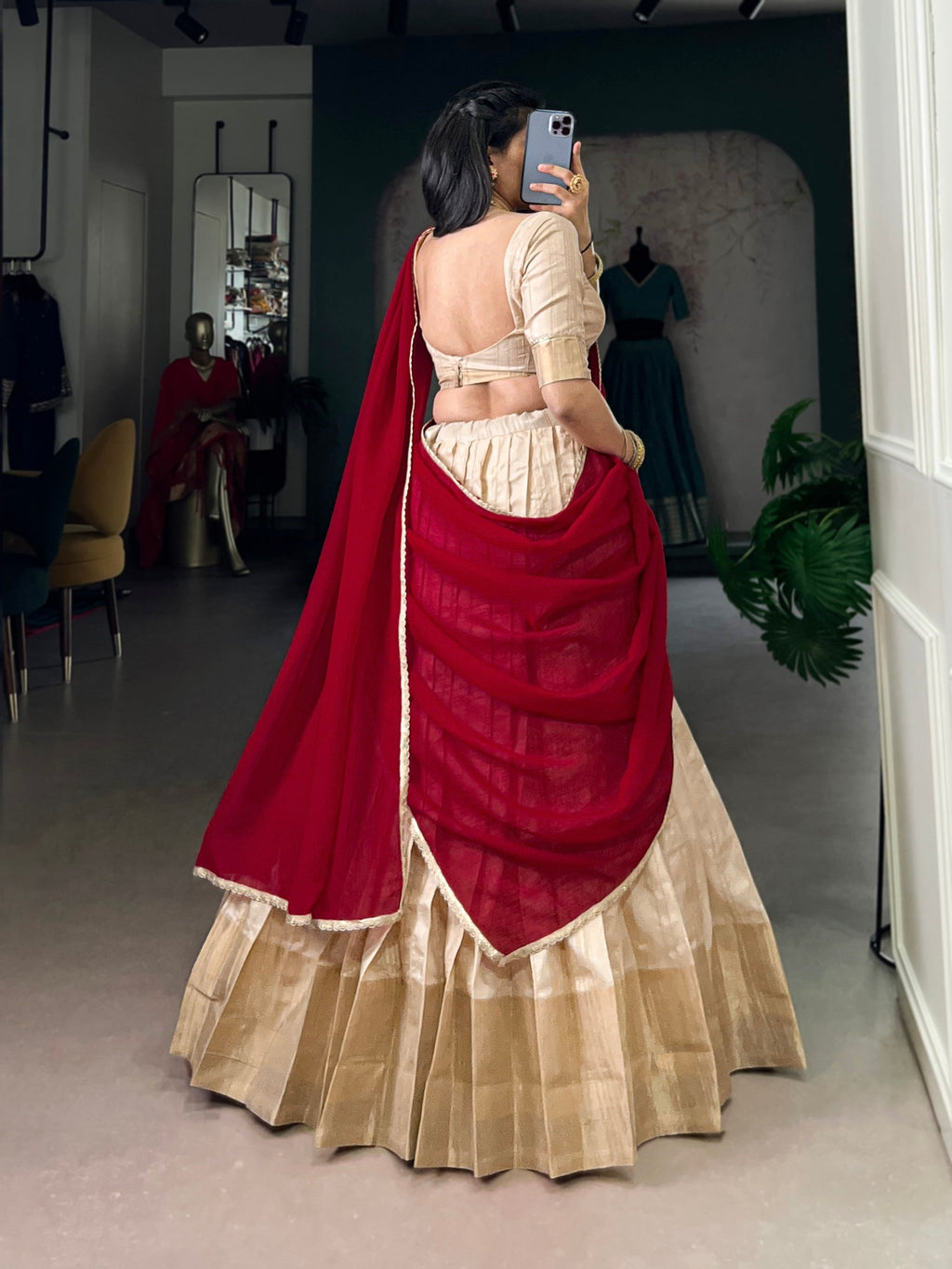 Lorenvalley Fashion Cream Handloom Zari Waving Work Lehenga Choli with Dupatta