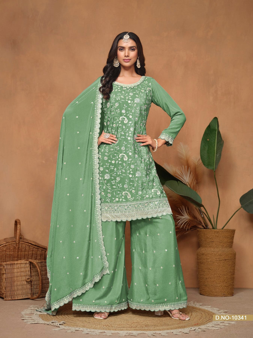 Anaita Green Embroidered Chinon Silk Palazzo Suit - Distacart