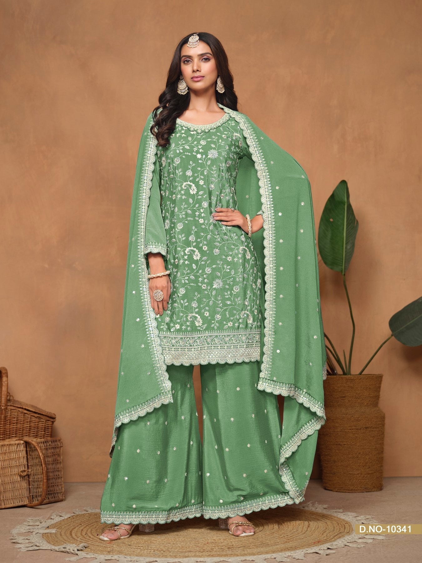 Anaita Green Embroidered Chinon Silk Palazzo Suit - Distacart