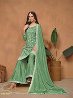Anaita Green Embroidered Chinon Silk Palazzo Suit - Distacart