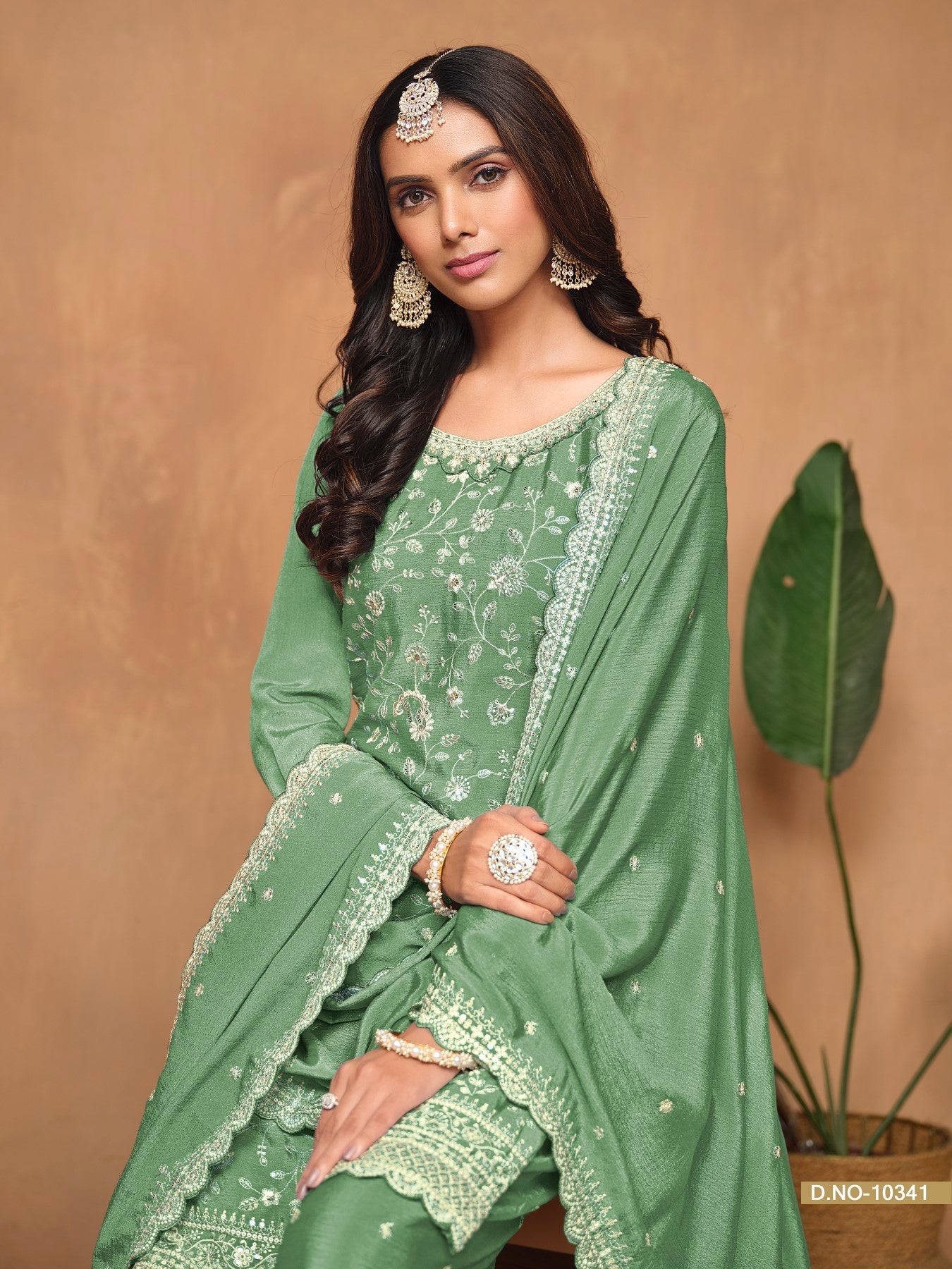 Anaita Green Embroidered Chinon Silk Palazzo Suit - Distacart