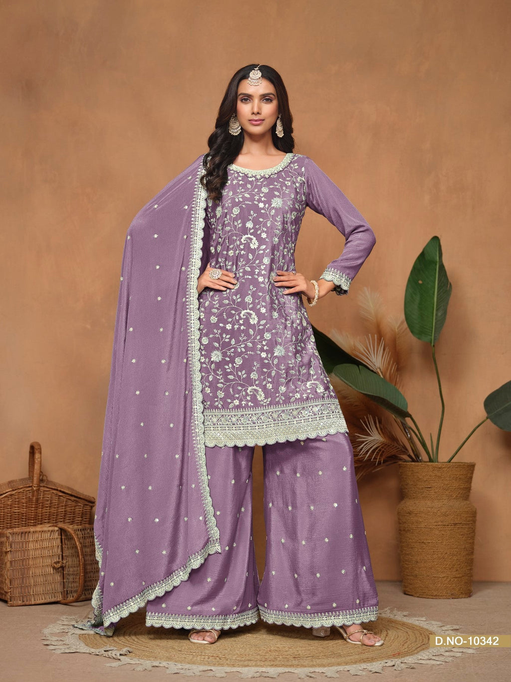 Anaita Lavender Embroidered Chinon Silk Palazzo Suit - Distacart