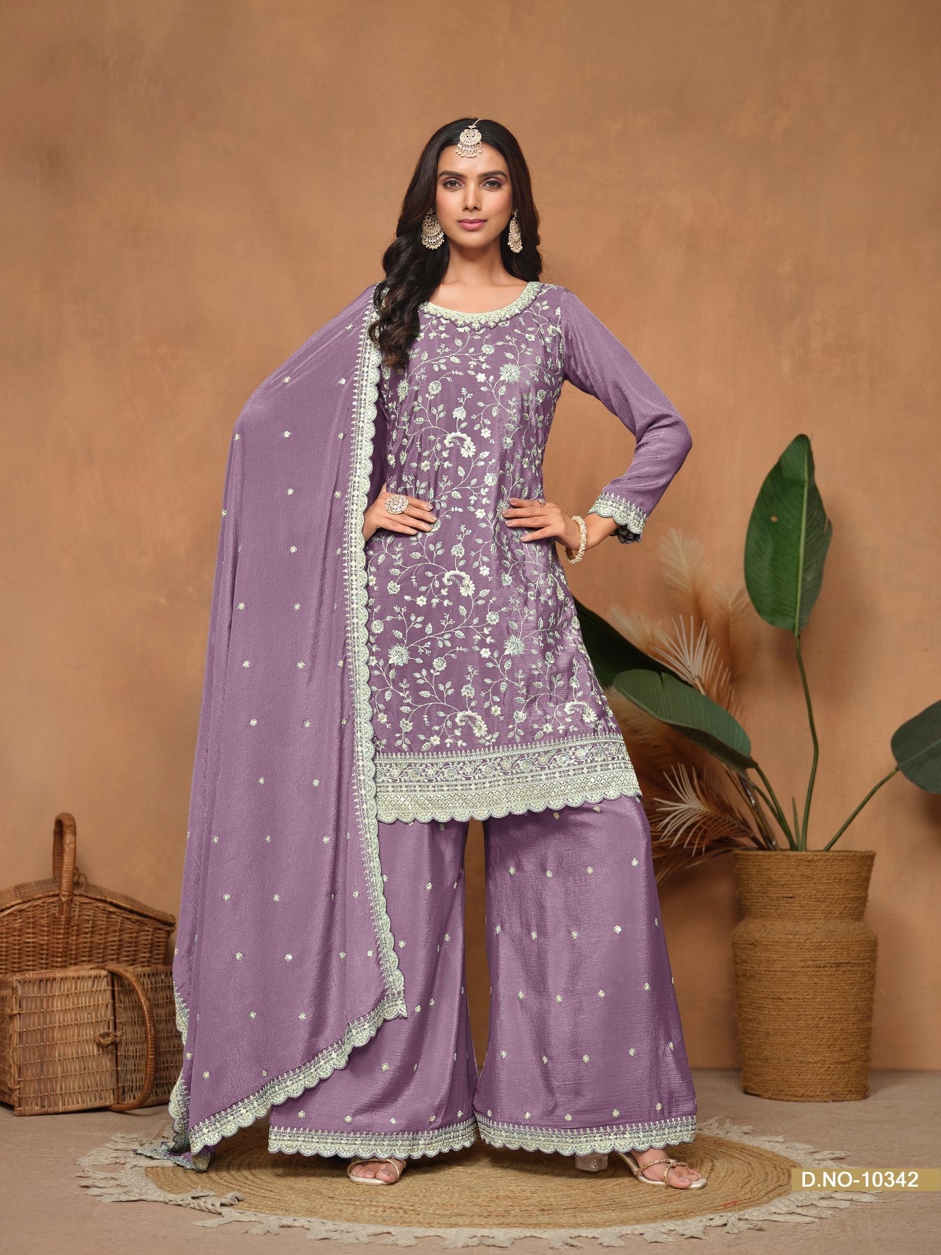 Anaita Lavender Embroidered Chinon Silk Palazzo Suit - Distacart