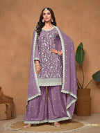 Anaita Lavender Embroidered Chinon Silk Palazzo Suit - Distacart