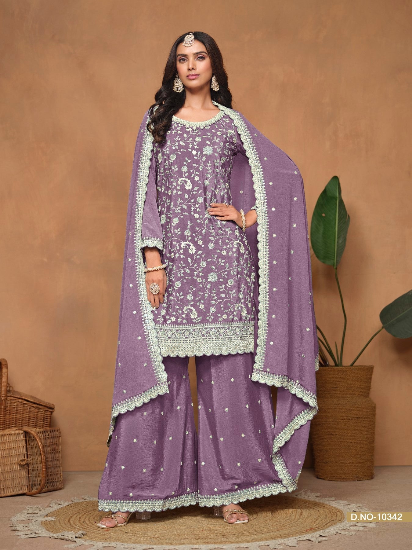 Anaita Lavender Embroidered Chinon Silk Palazzo Suit - Distacart