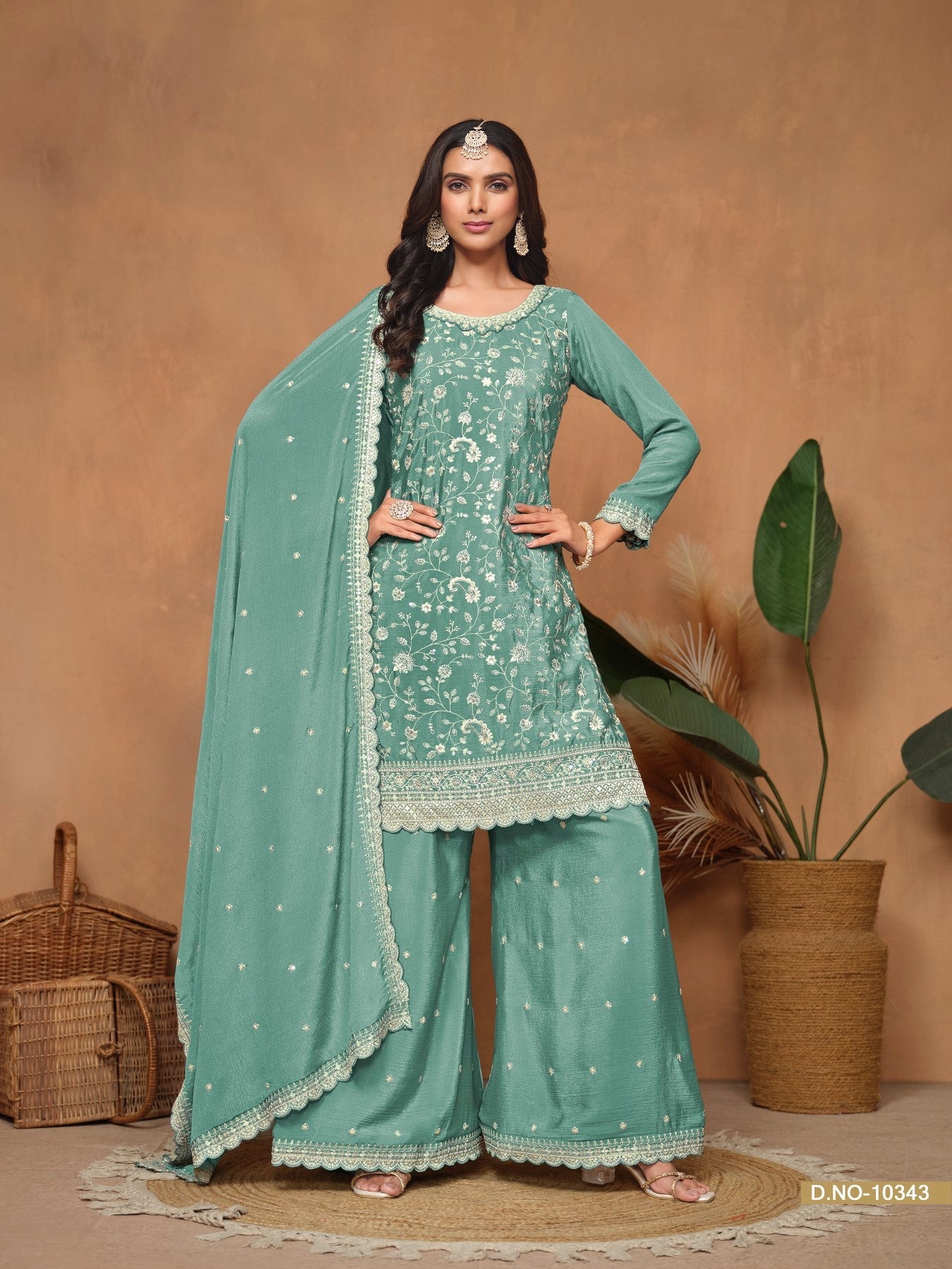 Anaita Aqua Blue Embroidered Chinon Silk Palazzo Suit - Distacart