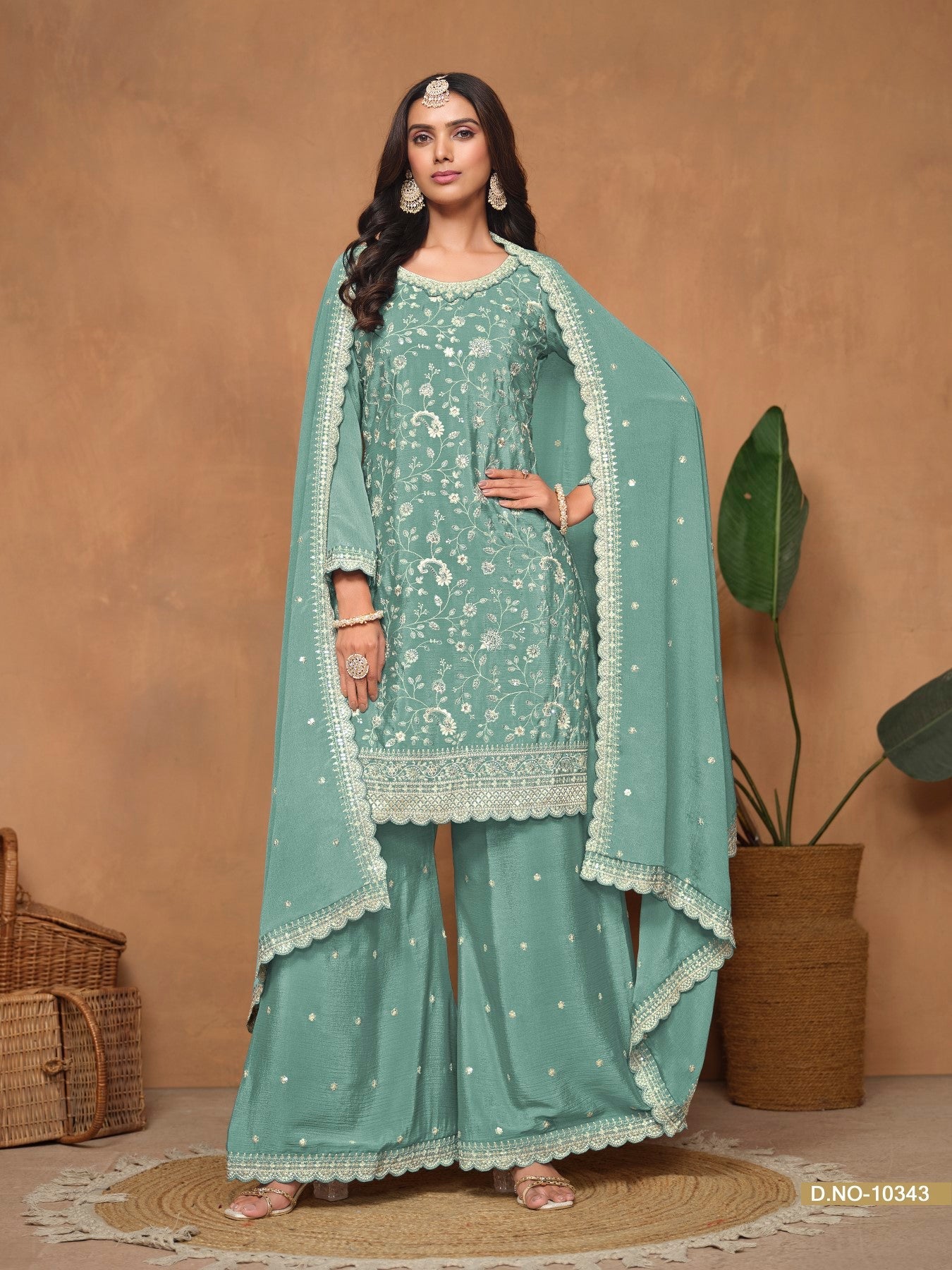 Anaita Aqua Blue Embroidered Chinon Silk Palazzo Suit - Distacart