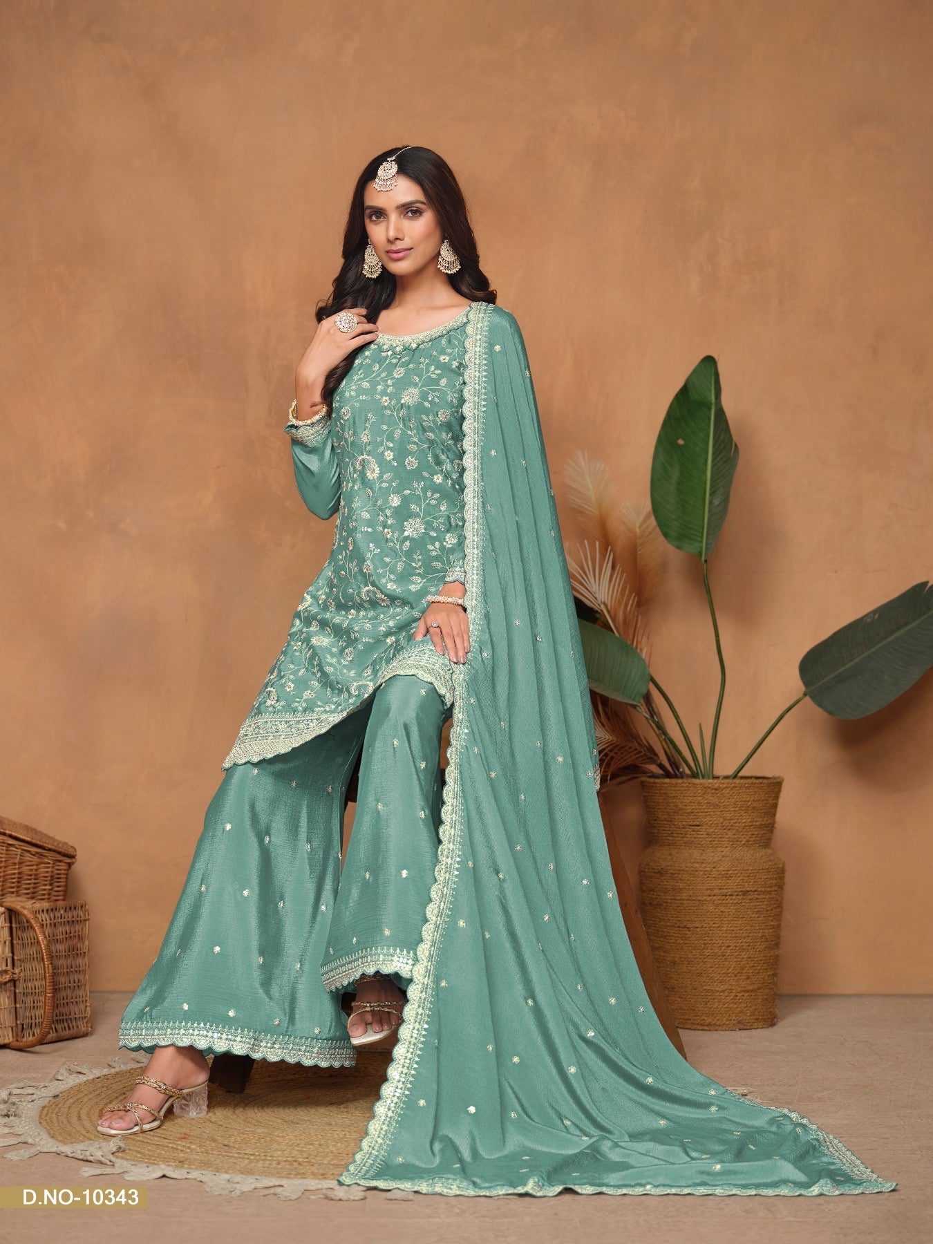 Anaita Aqua Blue Embroidered Chinon Silk Palazzo Suit - Distacart