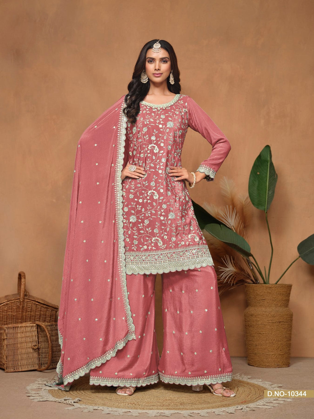 Anaita Peach Embroidered Chinon Silk Palazzo Suit - Distacart