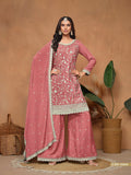 Anaita Peach Embroidered Chinon Silk Palazzo Suit - Distacart
