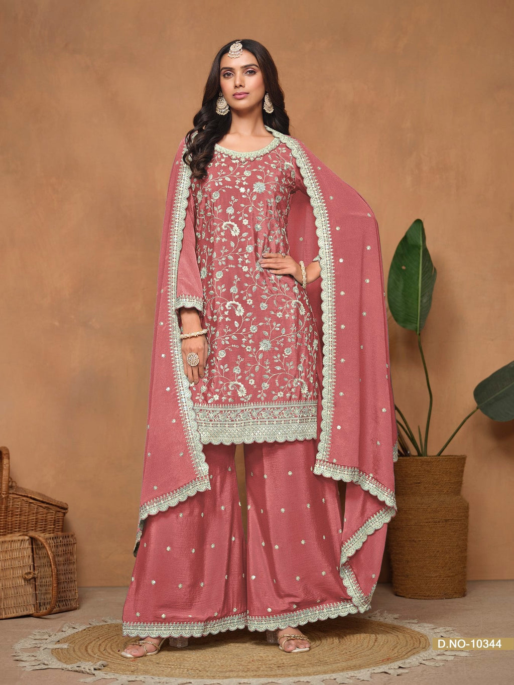 Anaita Peach Embroidered Chinon Silk Palazzo Suit - Distacart