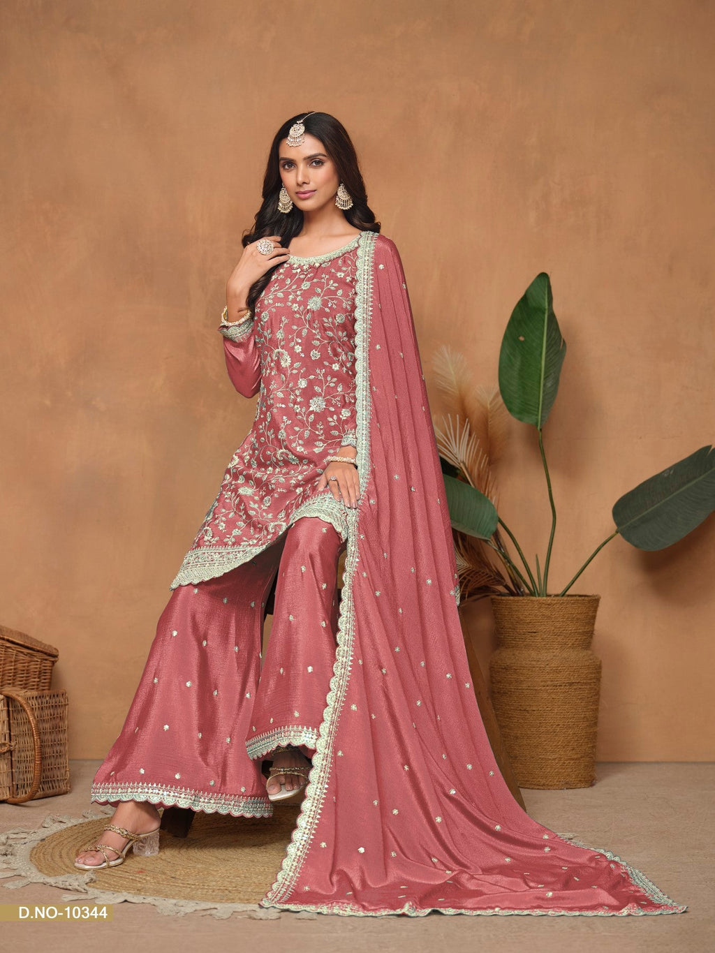 Anaita Peach Embroidered Chinon Silk Palazzo Suit - Distacart