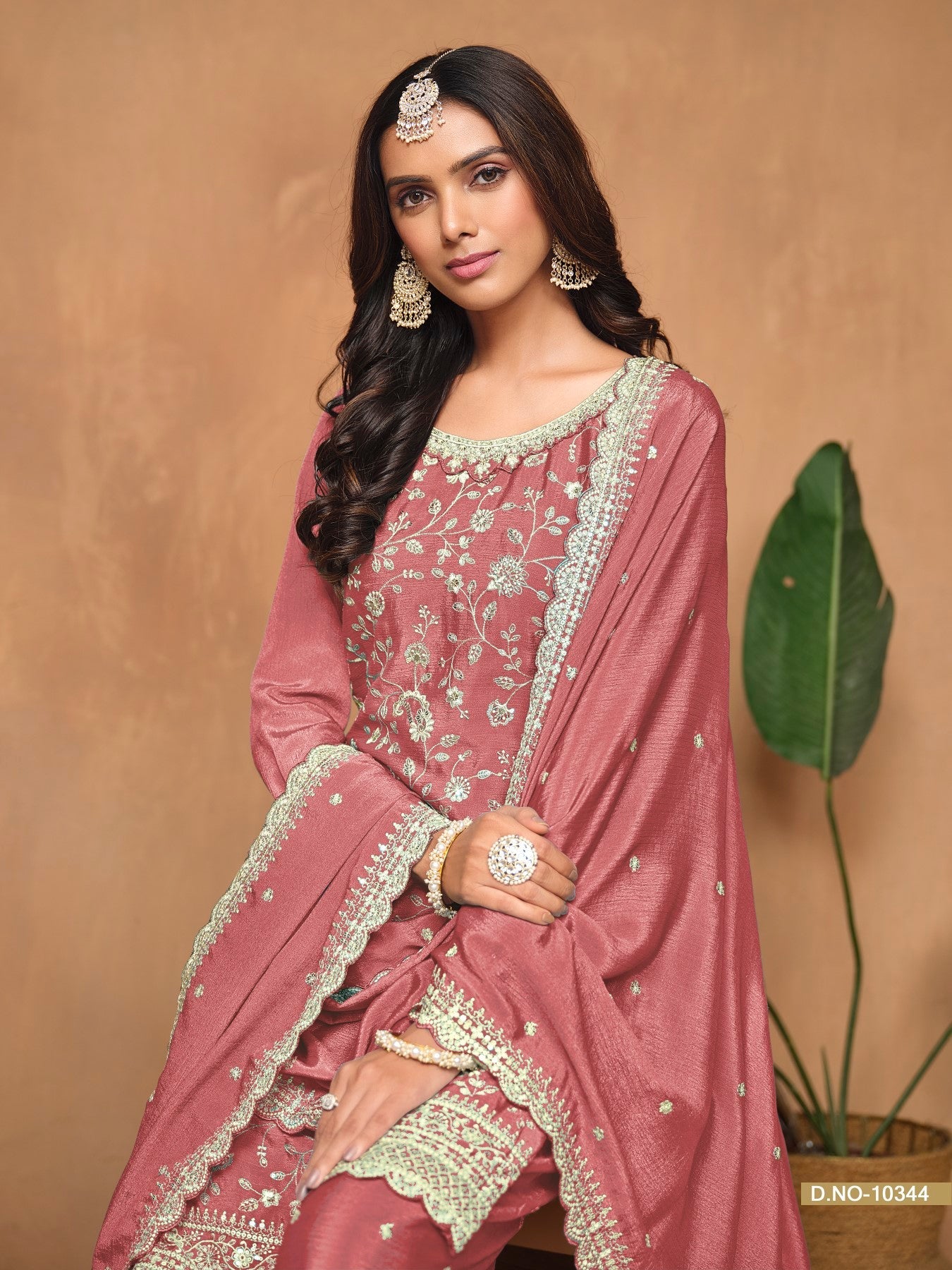 Anaita Peach Embroidered Chinon Silk Palazzo Suit - Distacart