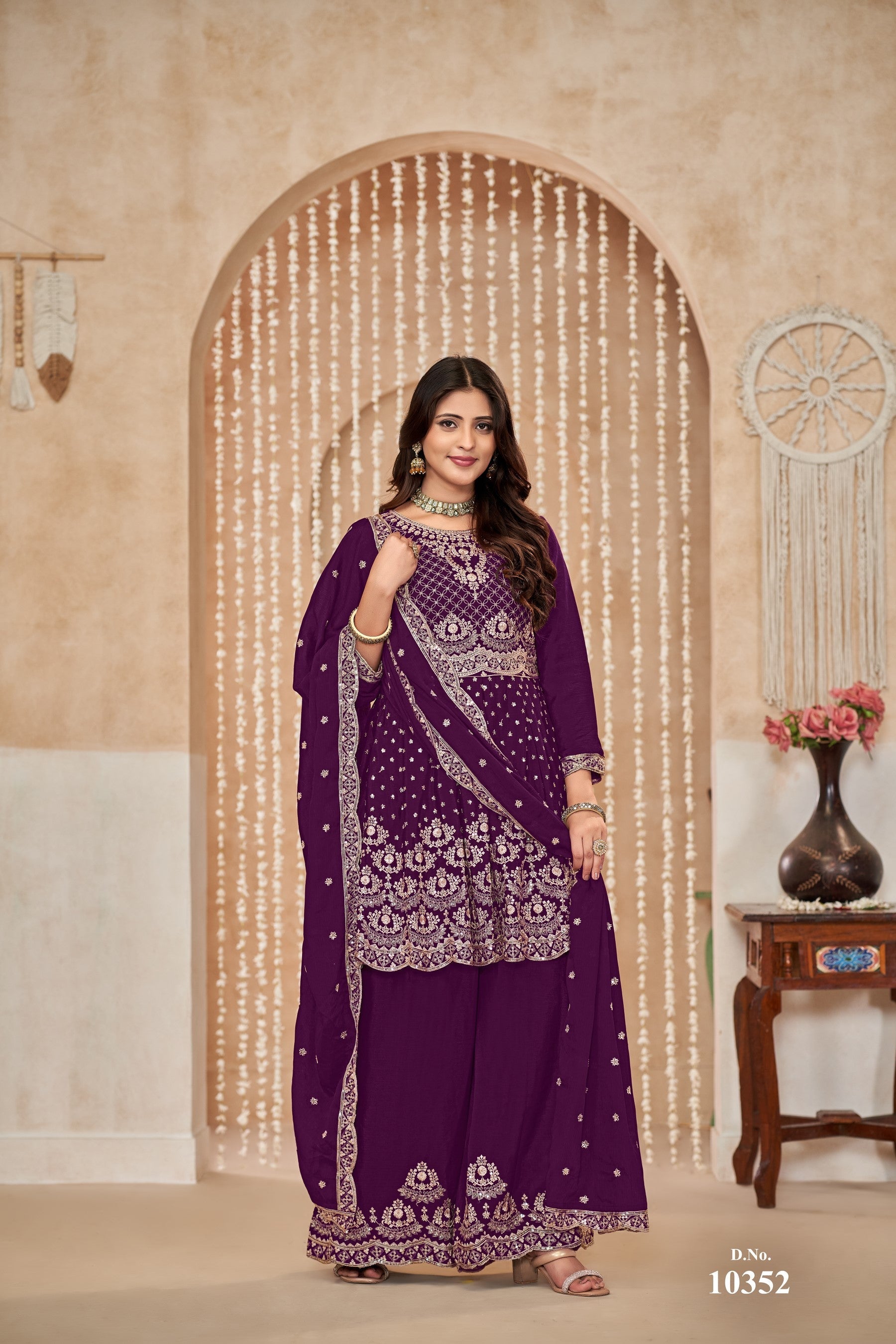 Anaita Purple Embroidered Chinon Silk Palazzo Suit