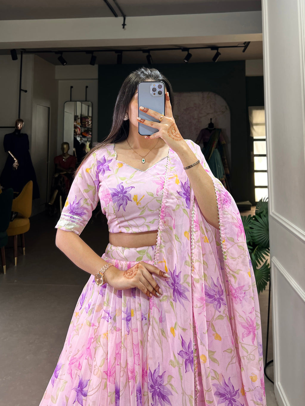 Lorenvalley Pink Tabby Silk Floral Print With Lace Touch Up Lehenga Choli with Dupatta
