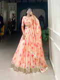 Lorenvalley Peach Tabby Silk Floral Print With Lace Touch Up Lehenga Choli with Dupatta