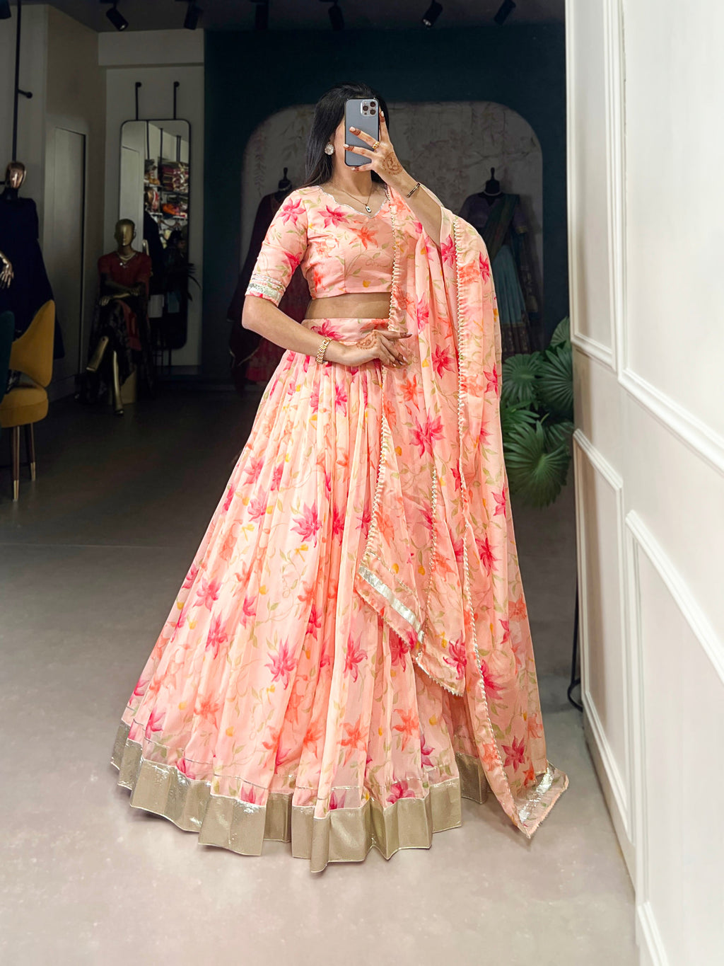 Lorenvalley Peach Tabby Silk Floral Print With Lace Touch Up Lehenga Choli with Dupatta