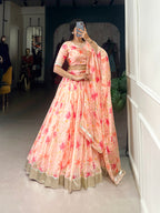 Lorenvalley Peach Tabby Silk Floral Print With Lace Touch Up Lehenga Choli with Dupatta