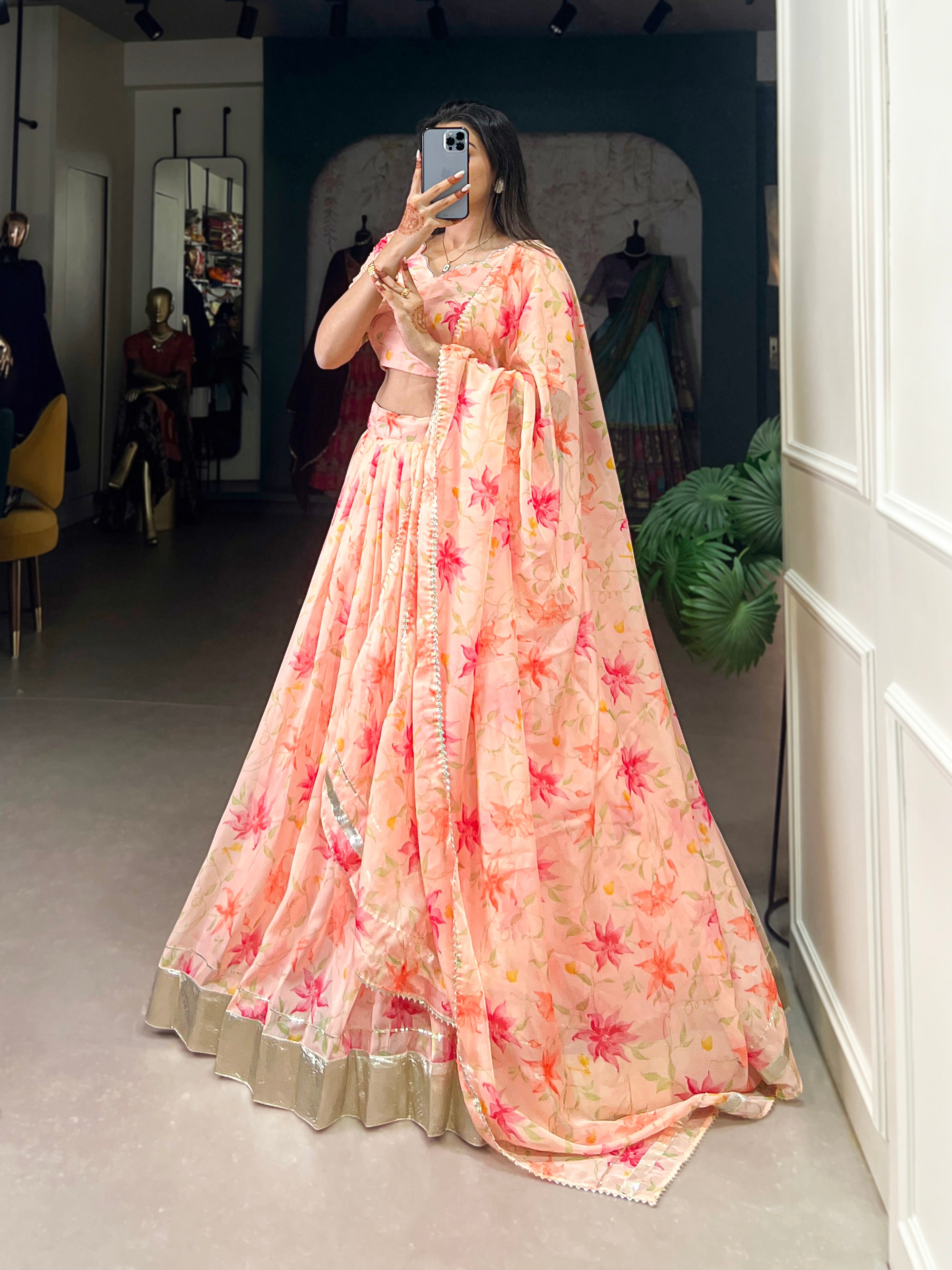 Lorenvalley Peach Tabby Silk Floral Print With Lace Touch Up Lehenga Choli with Dupatta