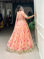 Lorenvalley Peach Tabby Silk Floral Print With Lace Touch Up Lehenga Choli with Dupatta