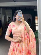 Lorenvalley Peach Tabby Silk Floral Print With Lace Touch Up Lehenga Choli with Dupatta
