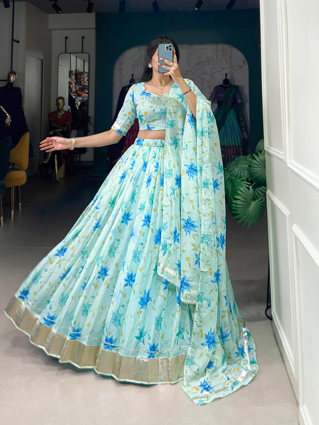 Lorenvalley Pista Tabby Silk Floral Print With Lace Touch Up Lehenga Choli with Dupatta