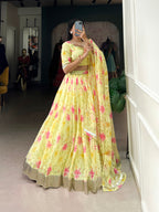 Lorenvalley Yellow Tabby Silk Floral Print With Lace Touch Up Lehenga Choli with Dupatta