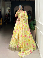 Lorenvalley Yellow Tabby Silk Floral Print With Lace Touch Up Lehenga Choli with Dupatta