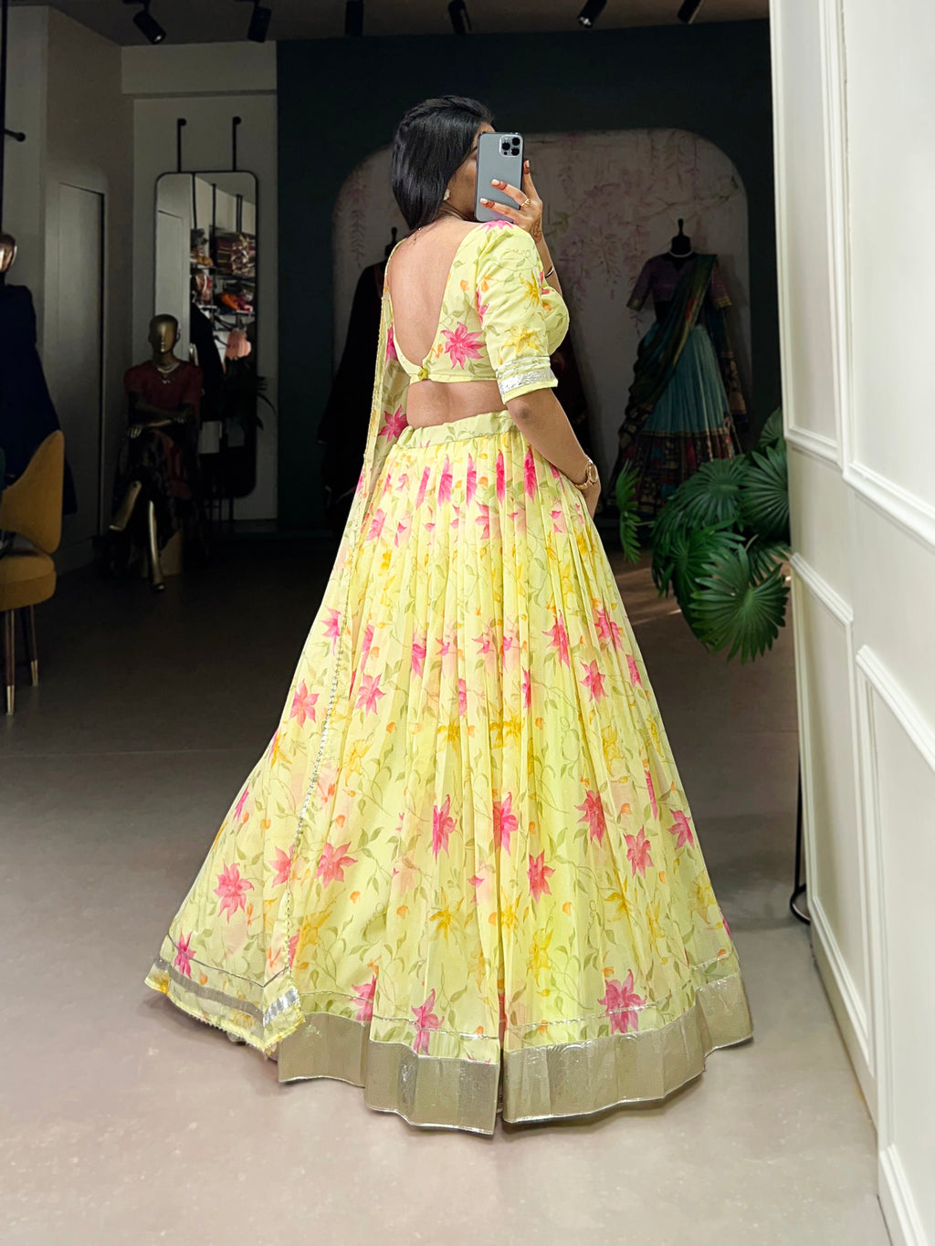 Lorenvalley Yellow Tabby Silk Floral Print With Lace Touch Up Lehenga Choli with Dupatta