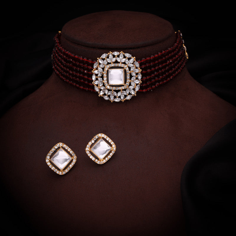 Tehzeeb Creations Brass Gold-Polished Gold, Maroon, White Jewel Set  