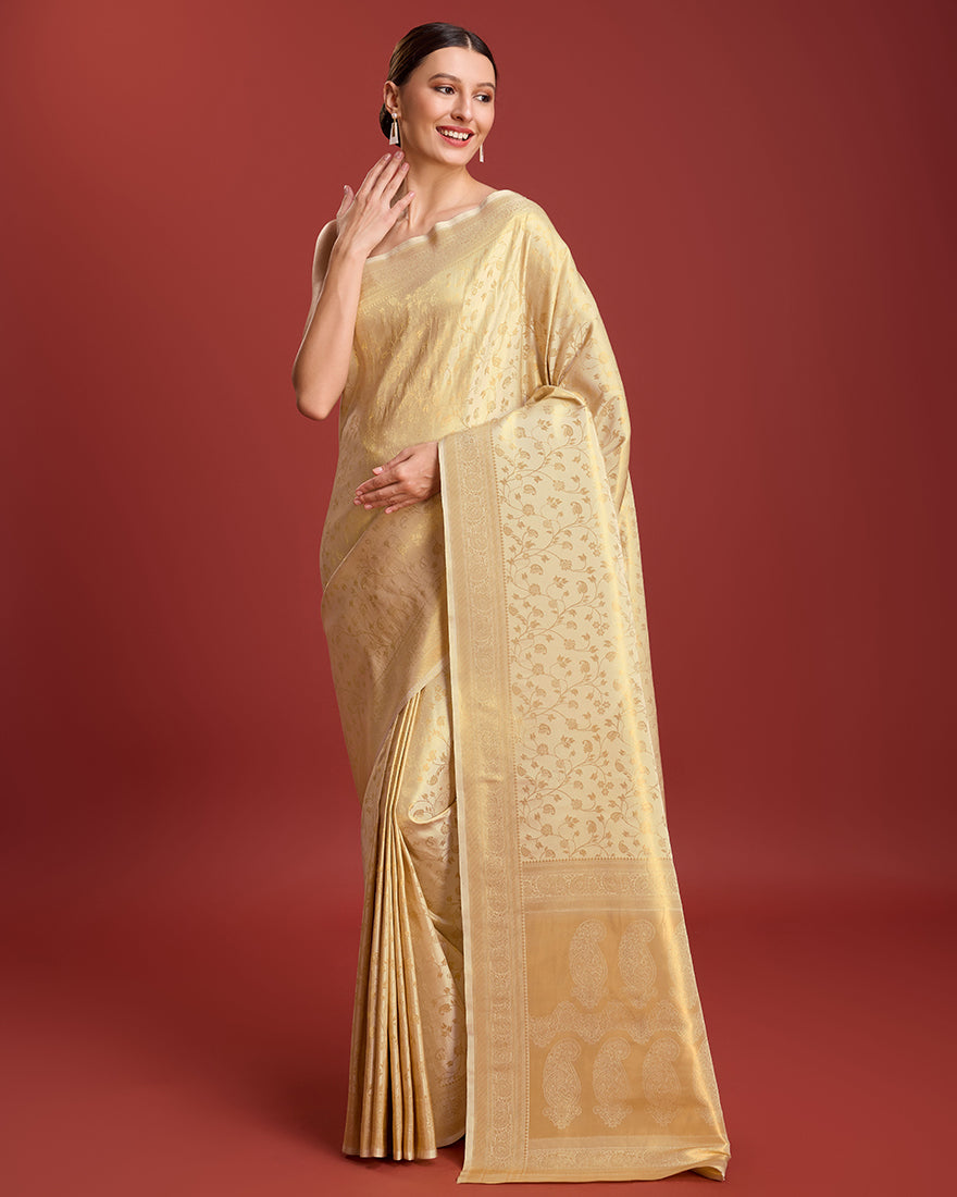 Monjolika Fashion Elegant Kanjivaram Traditional Indian Attire In Golden Beige Color Silk Saree - Distacart