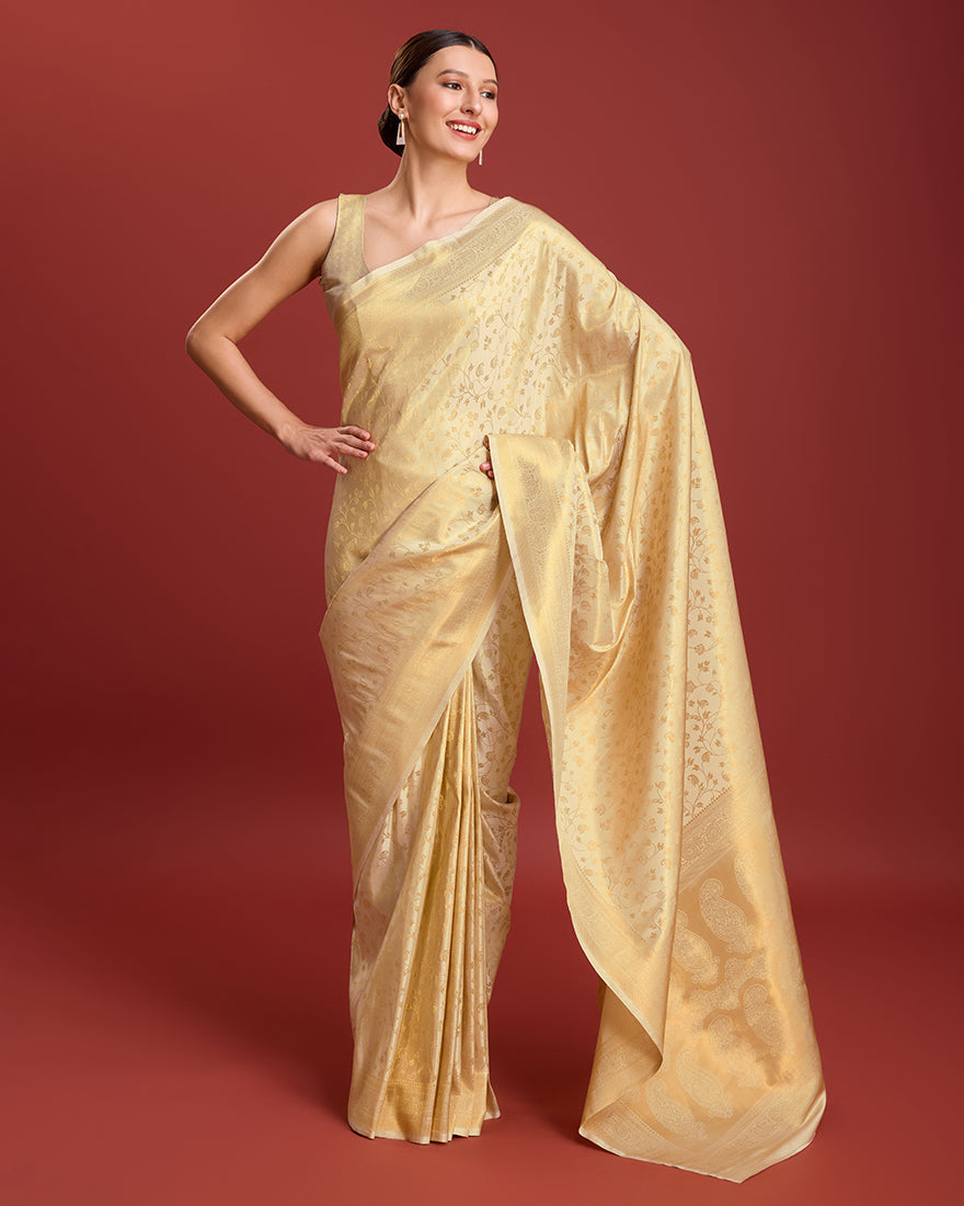 Monjolika Fashion Elegant Kanjivaram Traditional Indian Attire In Golden Beige Color Silk Saree - Distacart