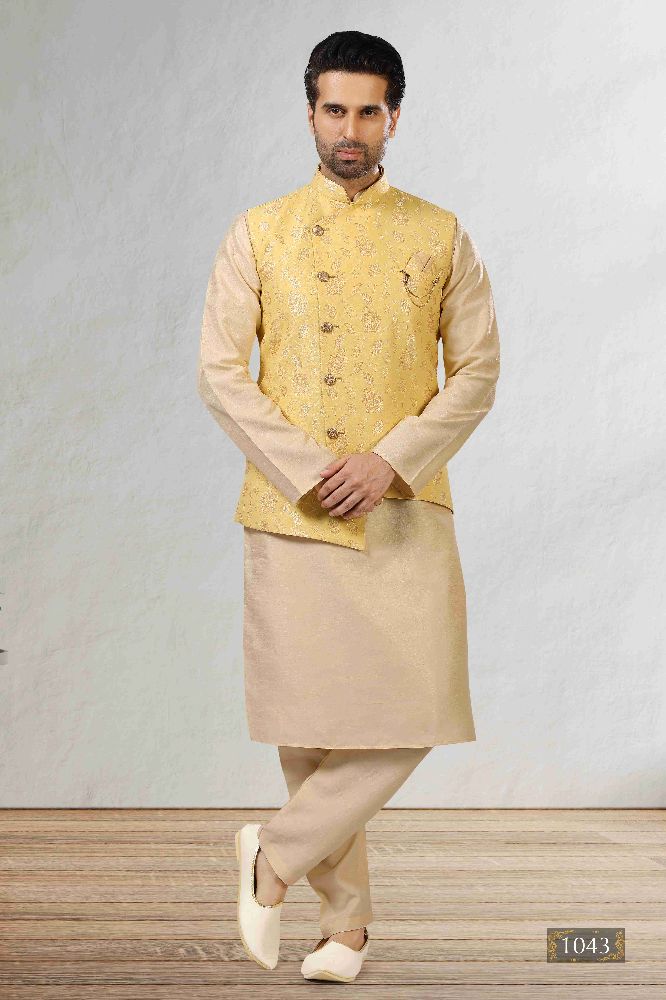 Raivat Ethnic Jacquard Banarasi Silk Woven Work 3 Pics Jacket Set In Yellow Colour