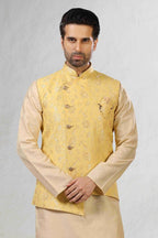 Raivat Ethnic Jacquard Banarasi Silk Woven Work 3 Pics Jacket Set In Yellow Colour