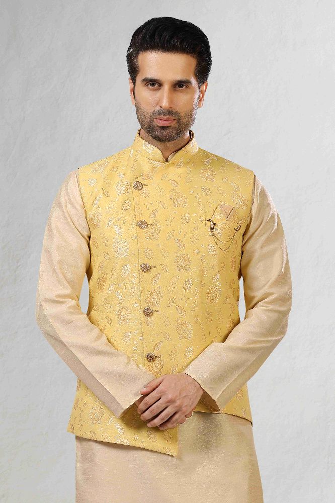 Raivat Ethnic Jacquard Banarasi Silk Woven Work 3 Pics Jacket Set In Yellow Colour