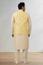 Raivat Ethnic Jacquard Banarasi Silk Woven Work 3 Pics Jacket Set In Yellow Colour